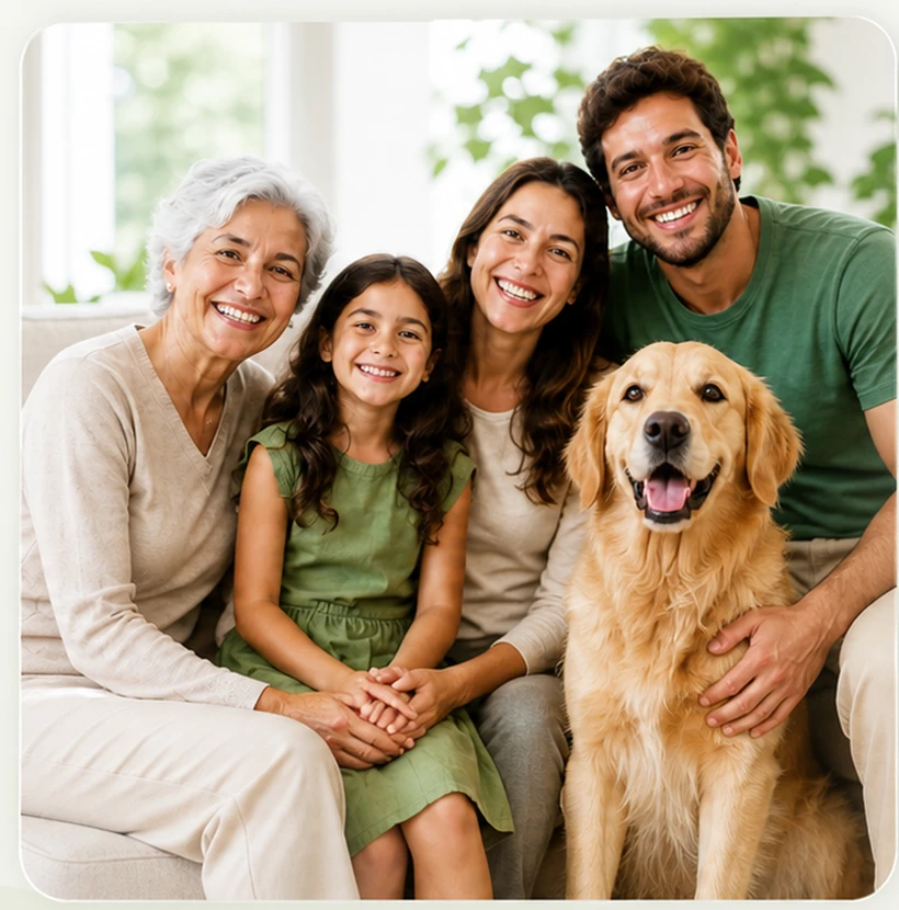 Família sorrindo com cachorro